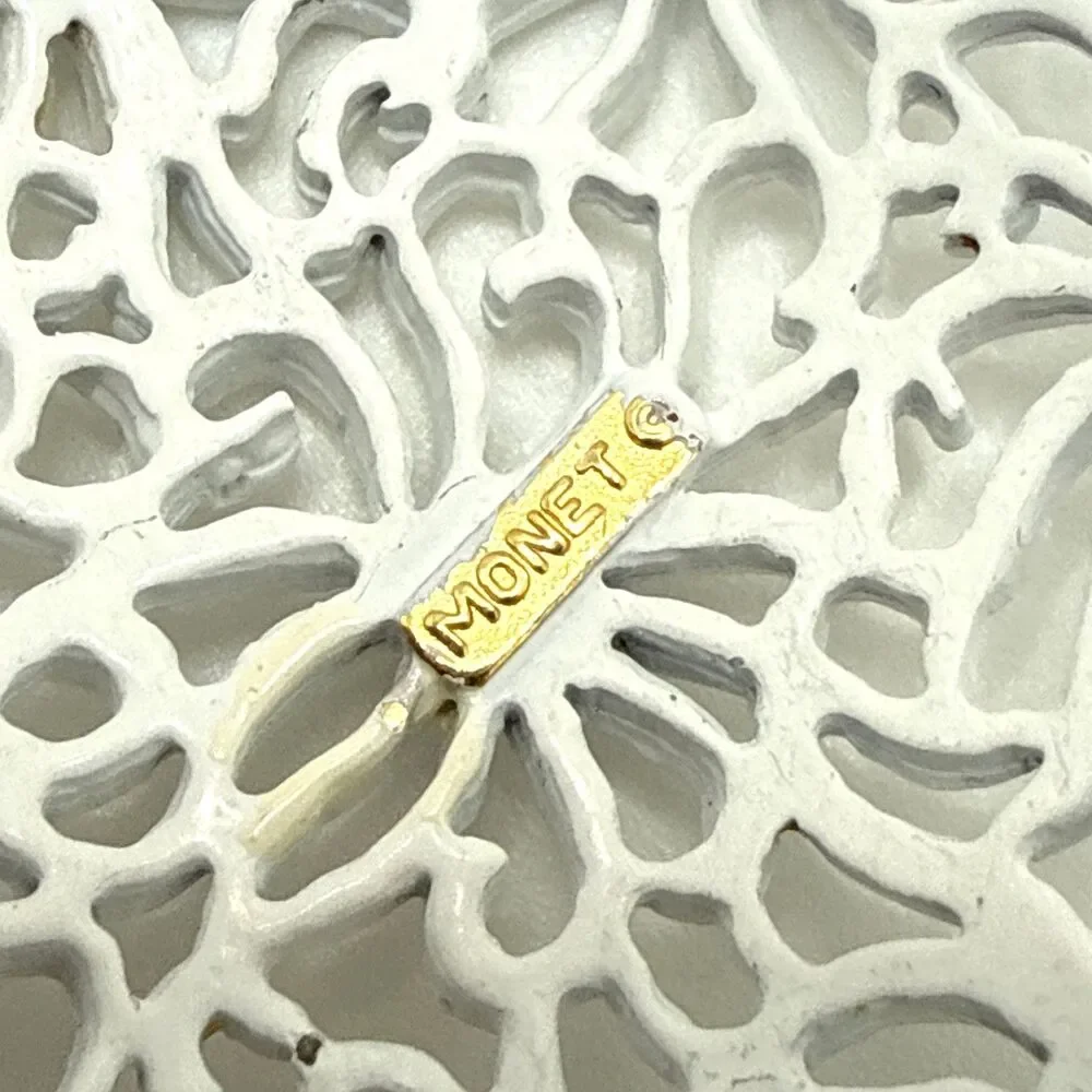 Vintage Monet White Enamel Filigree Pendant Necklace 24